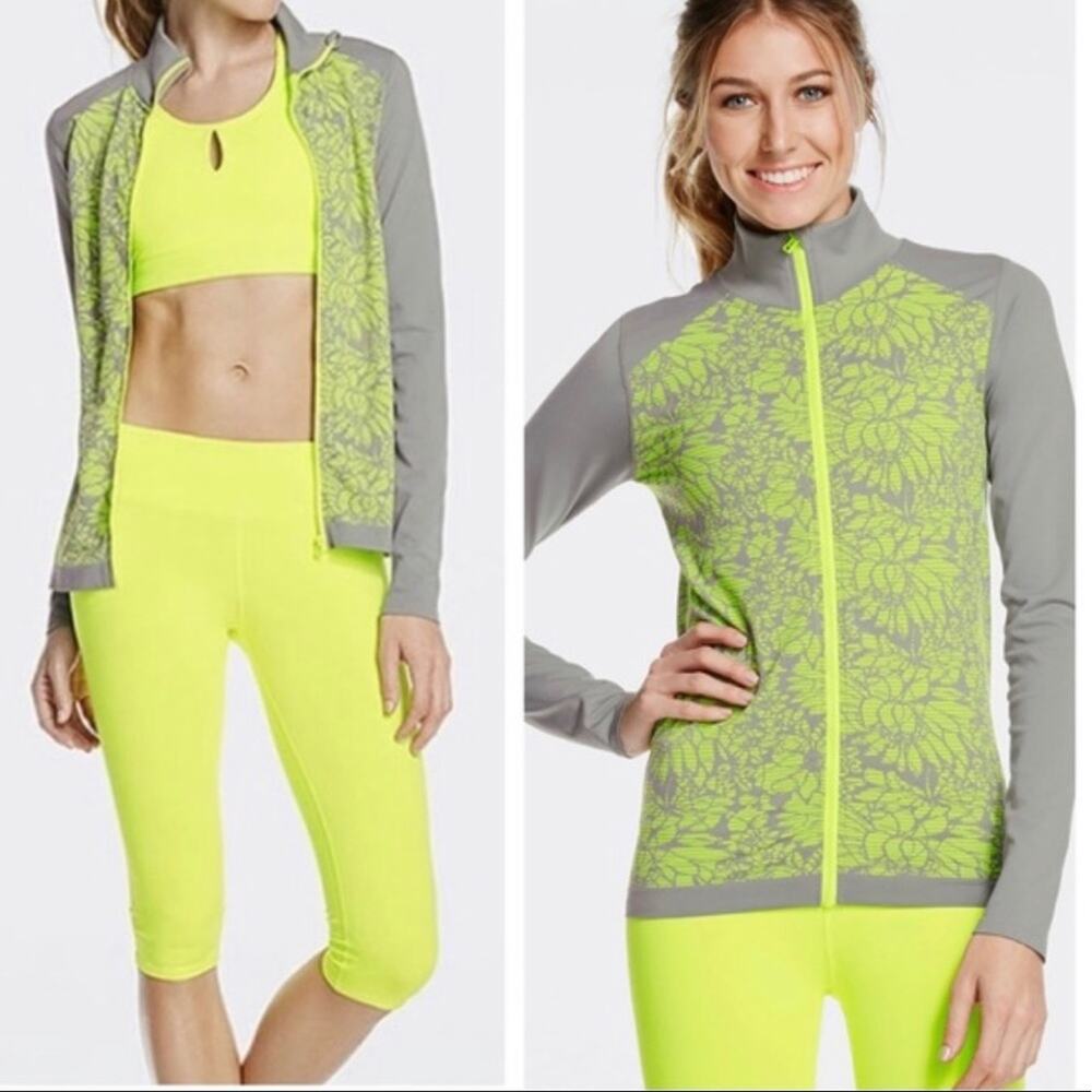 Fabletics Nanette Neon Green Gray Floral Seamless Full Zip Jacket Large
